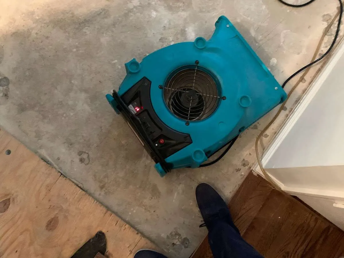 Air mover drying subfloor during Leak Detection & Repair in Ayden